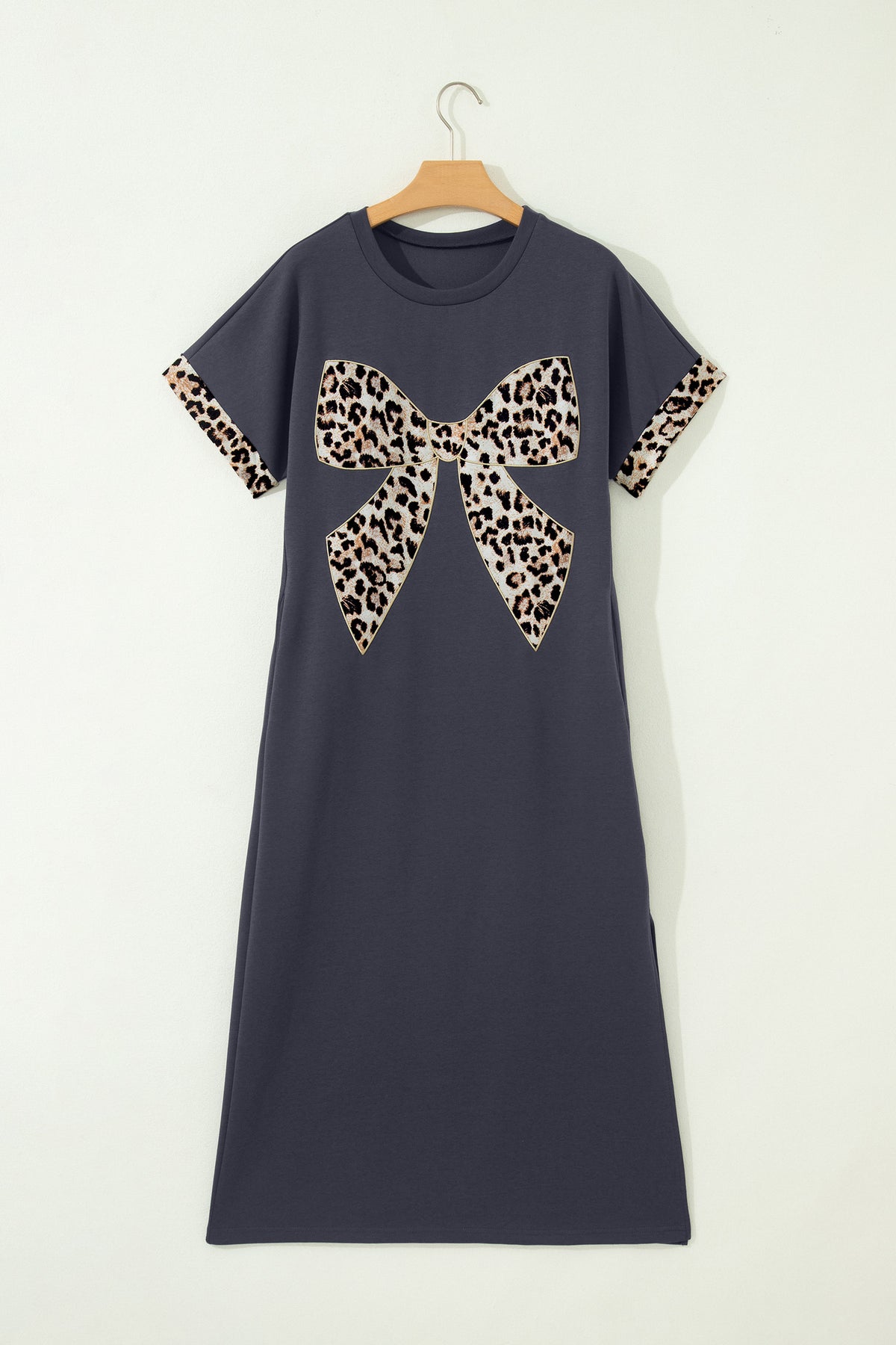 DARK GREY CONTRAST LEOPARD BOW PATCHED SHORT SLEEVE LONG DRESS