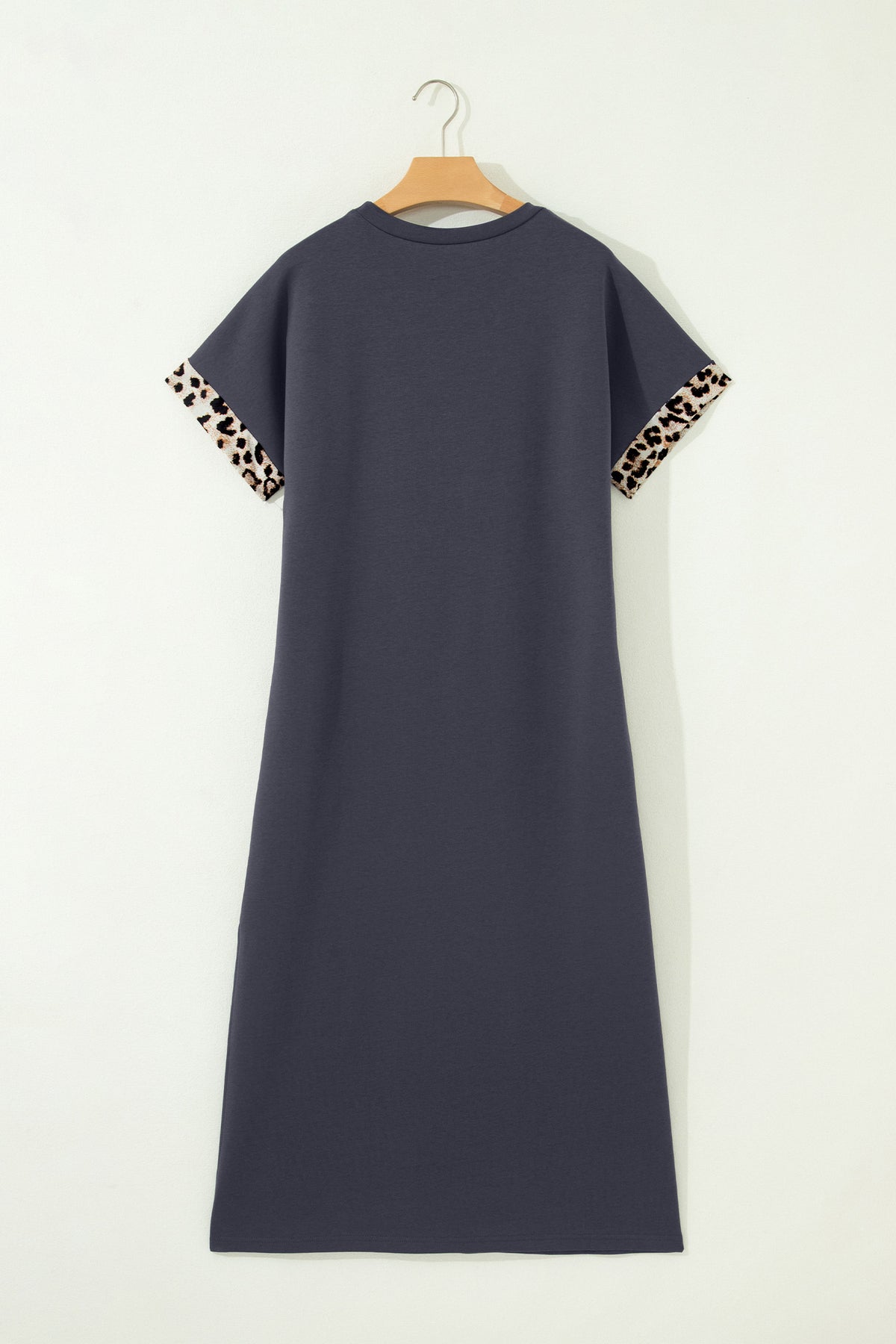 DARK GREY CONTRAST LEOPARD BOW PATCHED SHORT SLEEVE LONG DRESS