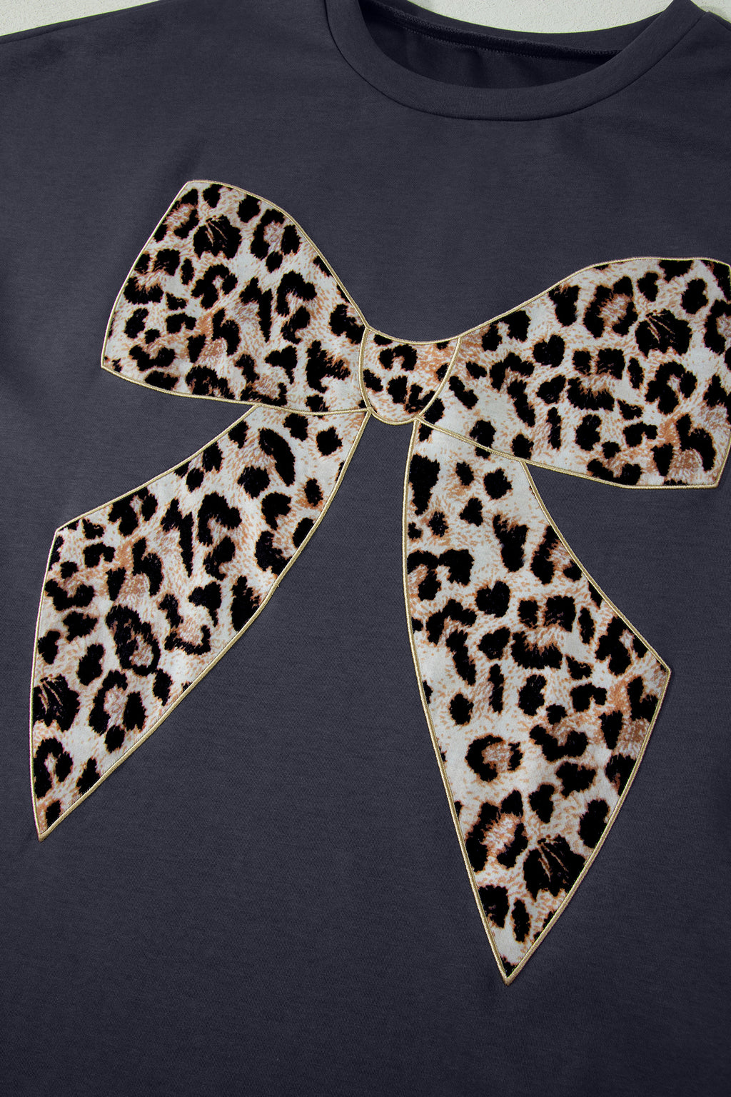 DARK GREY CONTRAST LEOPARD BOW PATCHED SHORT SLEEVE LONG DRESS