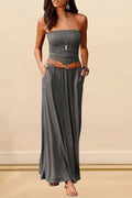 High Waisted Sleeveless Breathable Solid Color Strapless Off-The-Shoulder Maxi Dresses: Grey/ Blk