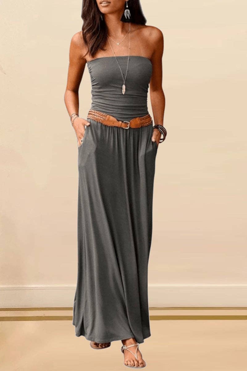 High Waisted Sleeveless Breathable Solid Color Strapless Off-The-Shoulder Maxi Dresses: Grey/ Blk