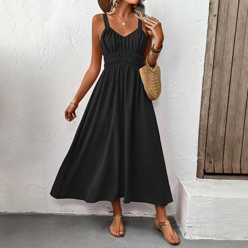Sleeveless Ruched Bust Maxi Dress with Smocked Waist: Blue