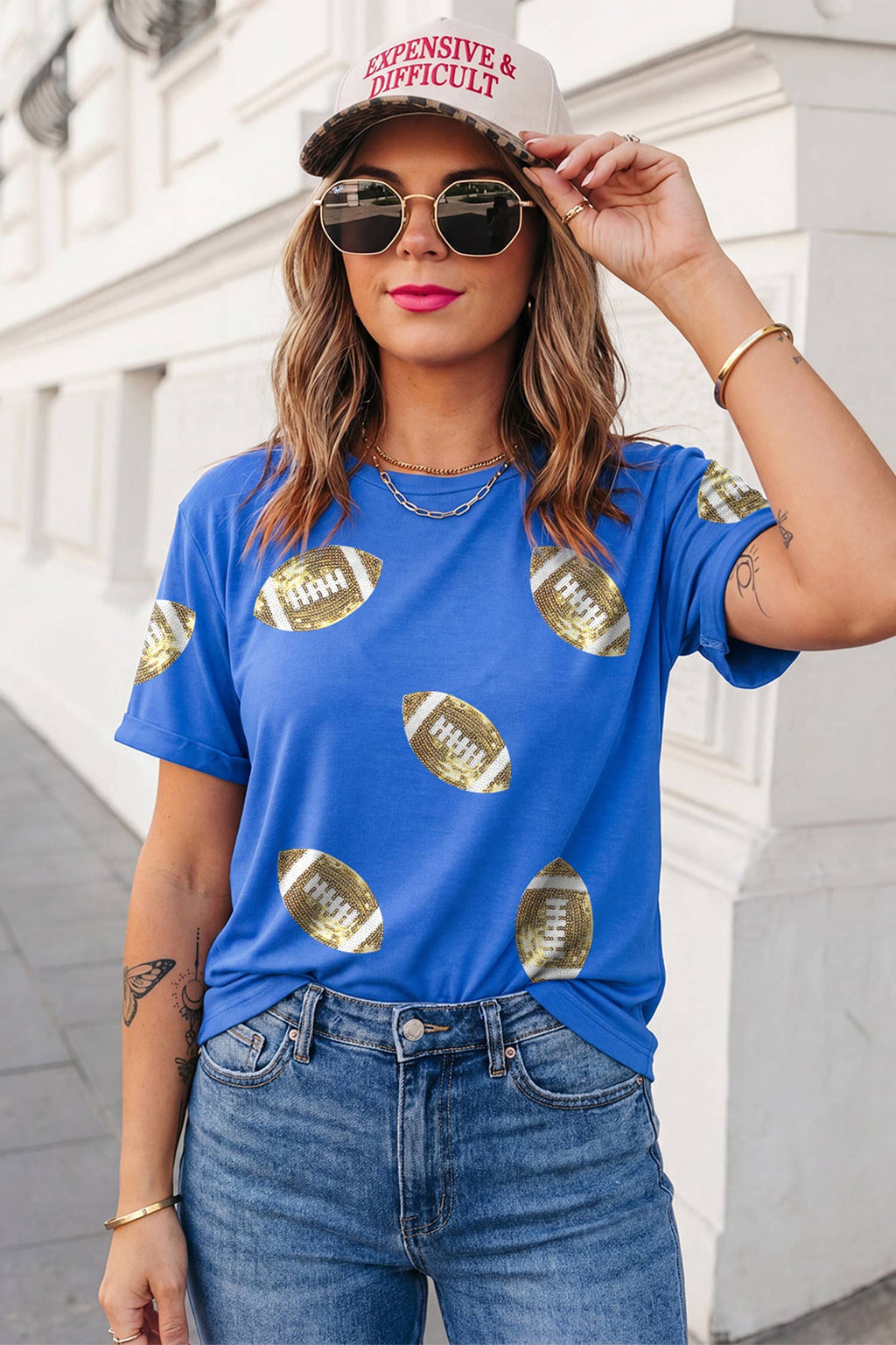 Game Day Sequin Rugby Graphic Crew Neck Shift T-Shirt | S-XL: Dark Blue