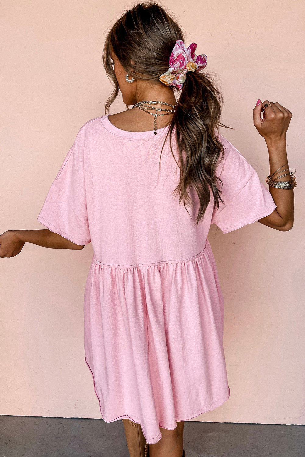 Moonlight Jade Solid Color Pocketed Raw Edge Babydoll Dress