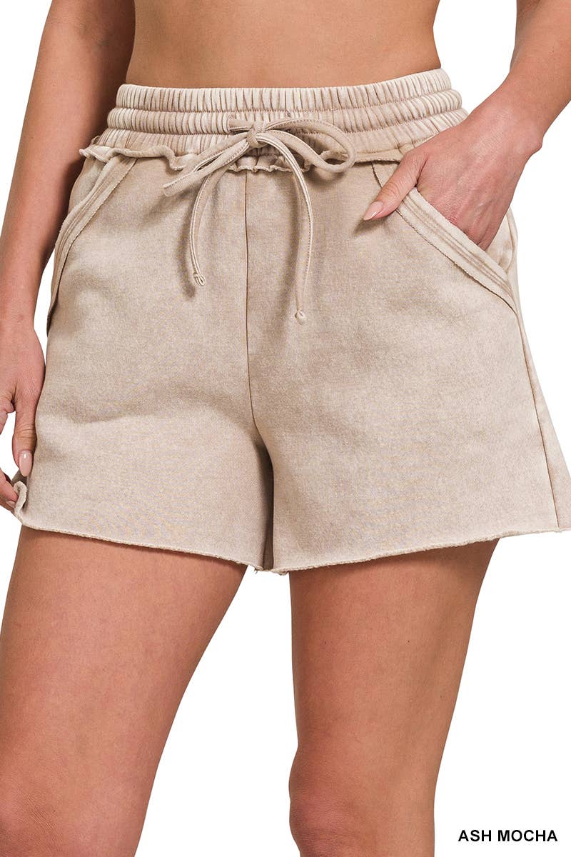 `Fleece Shorts Acid Wash & Solid Zenana: ASH BLUE/ MOCHA