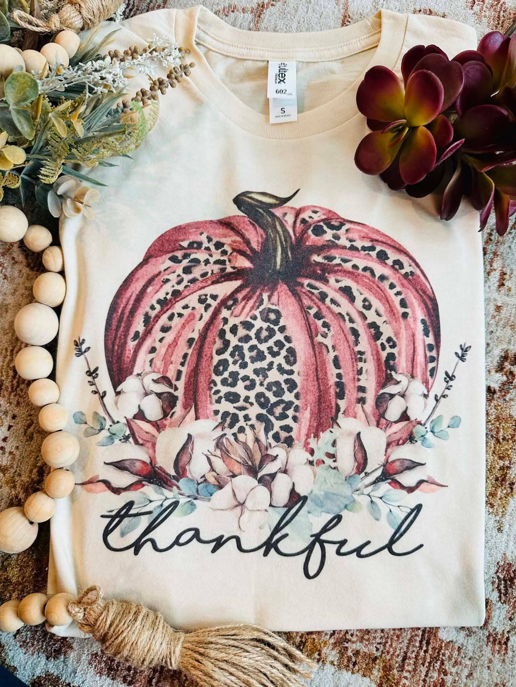 Leopard Thankful Pumpkin Cream Seasonal Graphic Tee