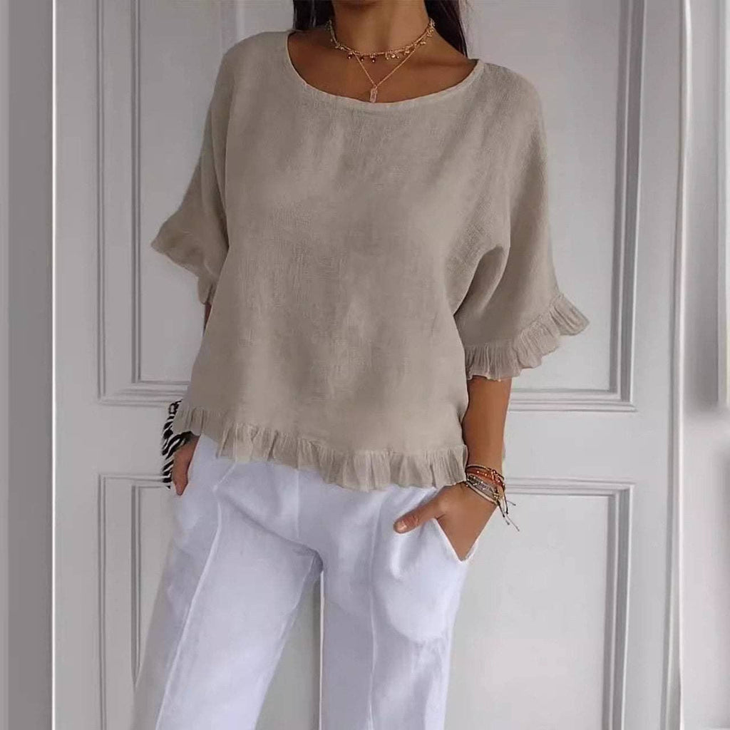 Cotton  Short Sleeve Shirt: Apricot / Green