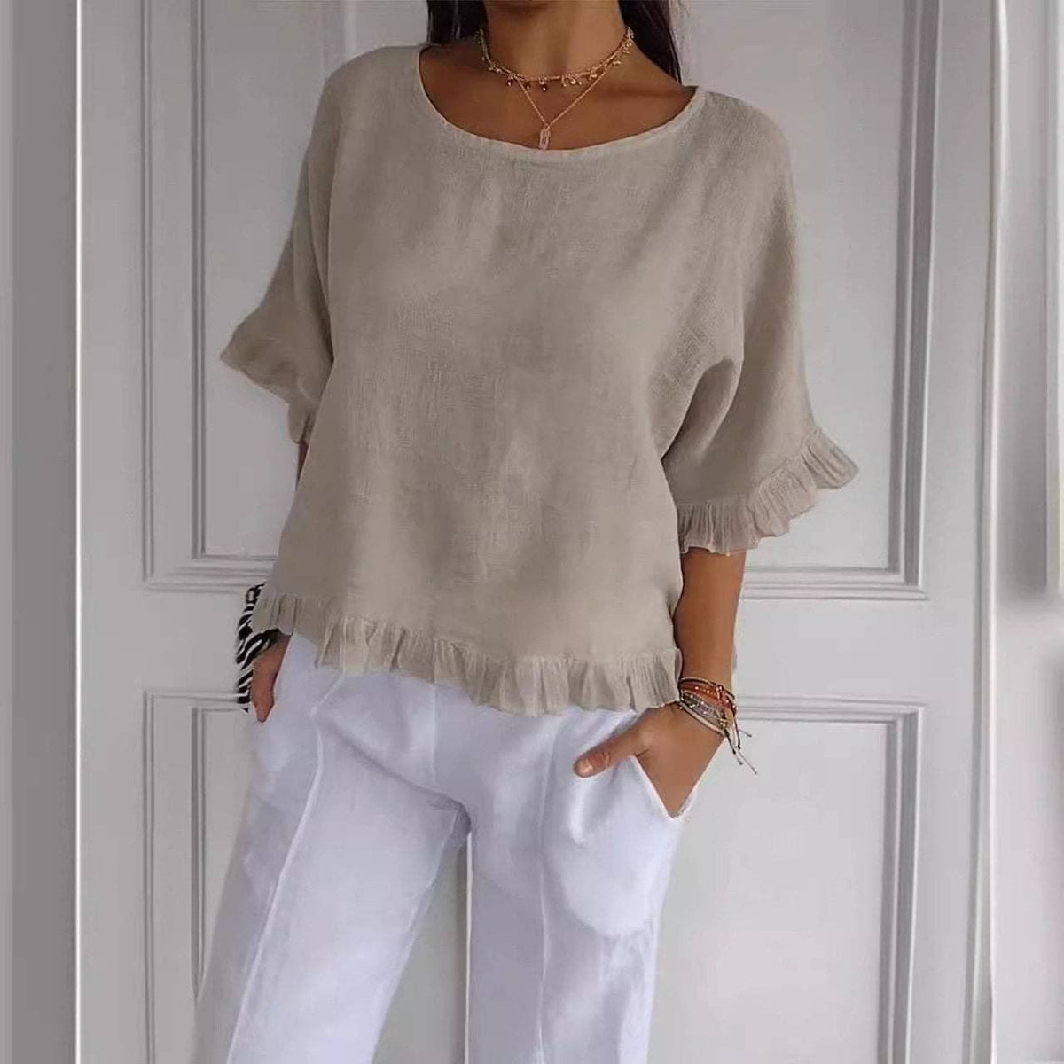 Cotton  Short Sleeve Shirt: Apricot / Green
