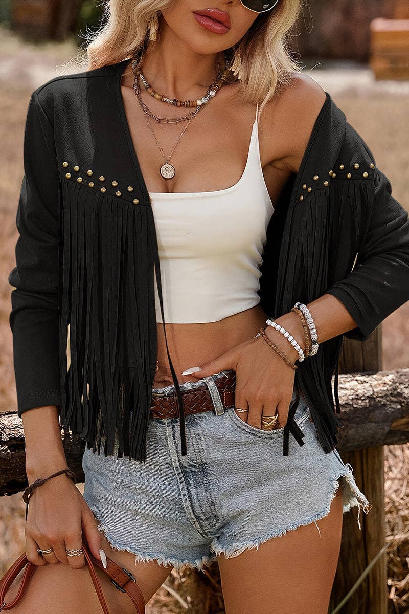 Fringe Studded Sleeveless Open Jacket: BLACK