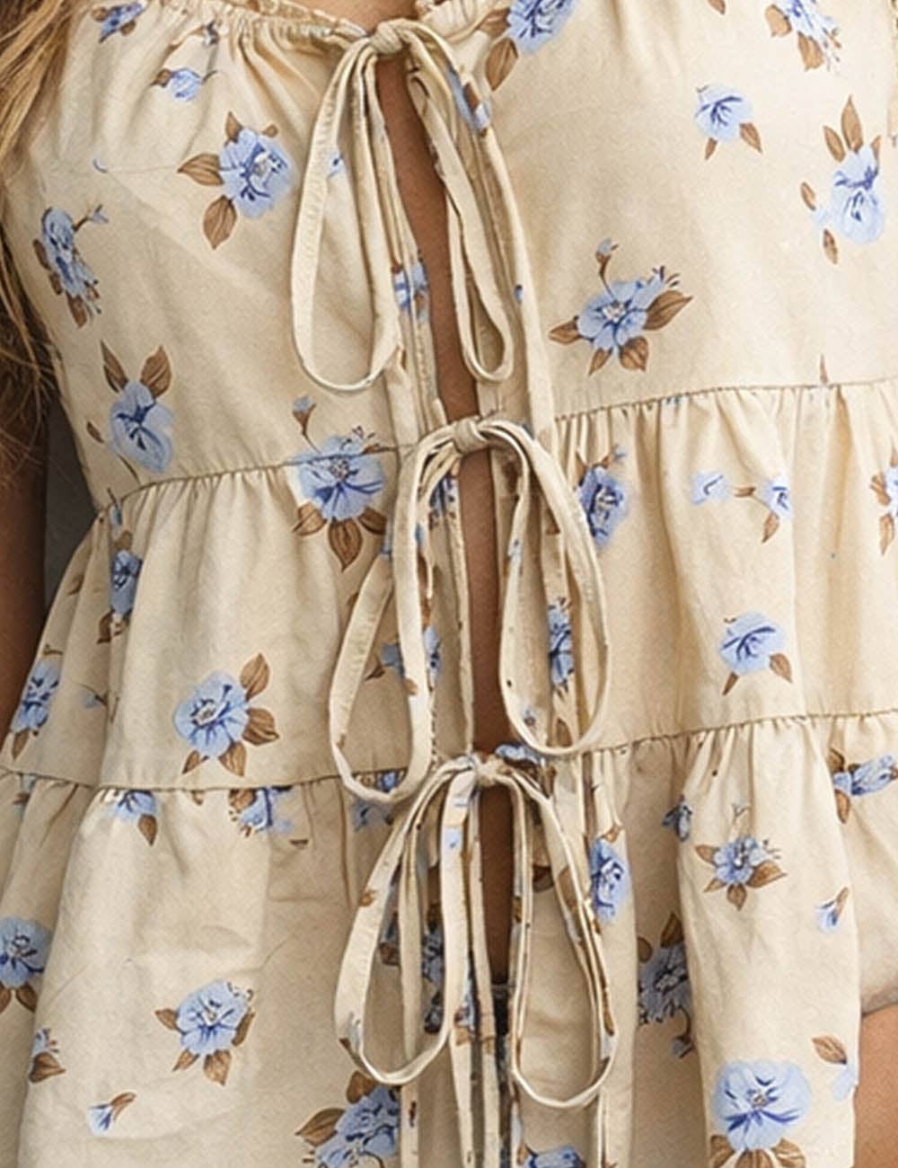 Ladies Boho Floral Print Tie Front Scoop Neck Sleeveless Top: Light Yellow