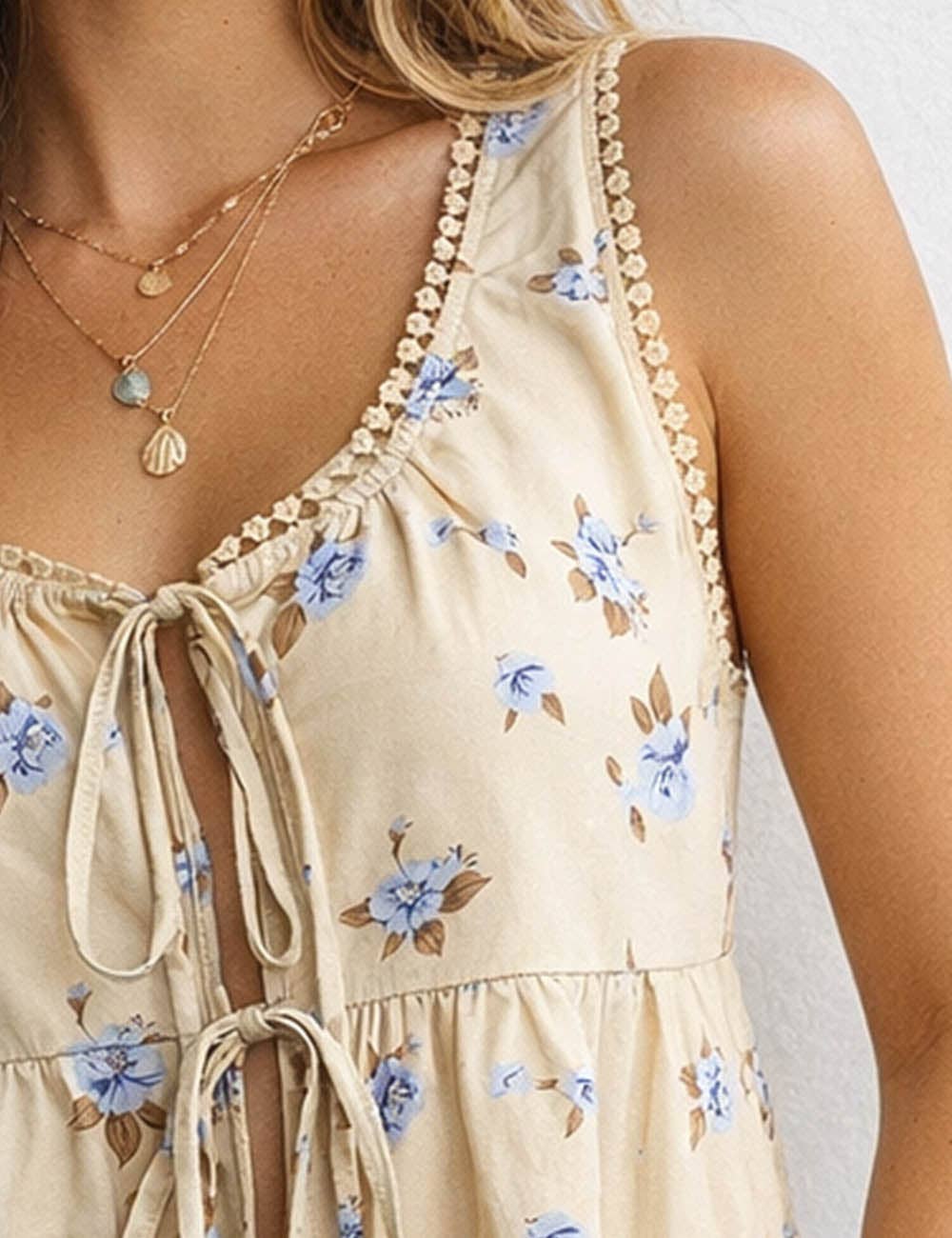 Ladies Boho Floral Print Tie Front Scoop Neck Sleeveless Top: Light Yellow