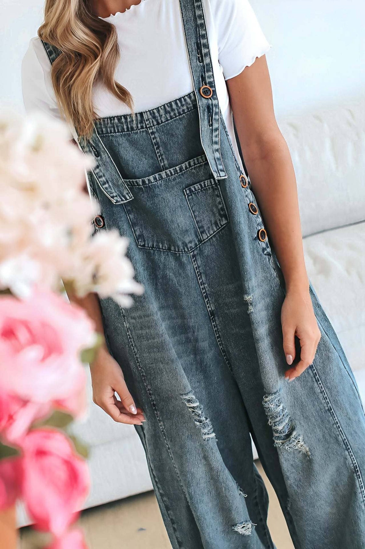 Women's Wide Leg Jumpsuit with Ripped Details Denim Overalls: Navy Blue / Contemporary