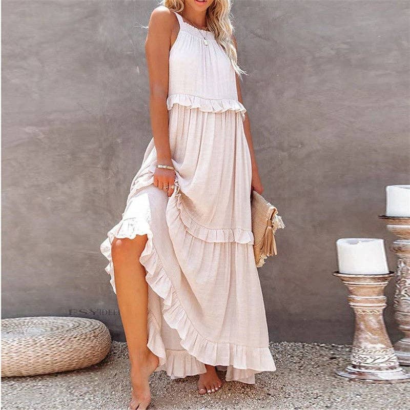 Beach Maxi Dress With Ruffle Hem: Apricot