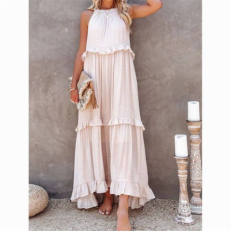 Beach Maxi Dress With Ruffle Hem: Apricot