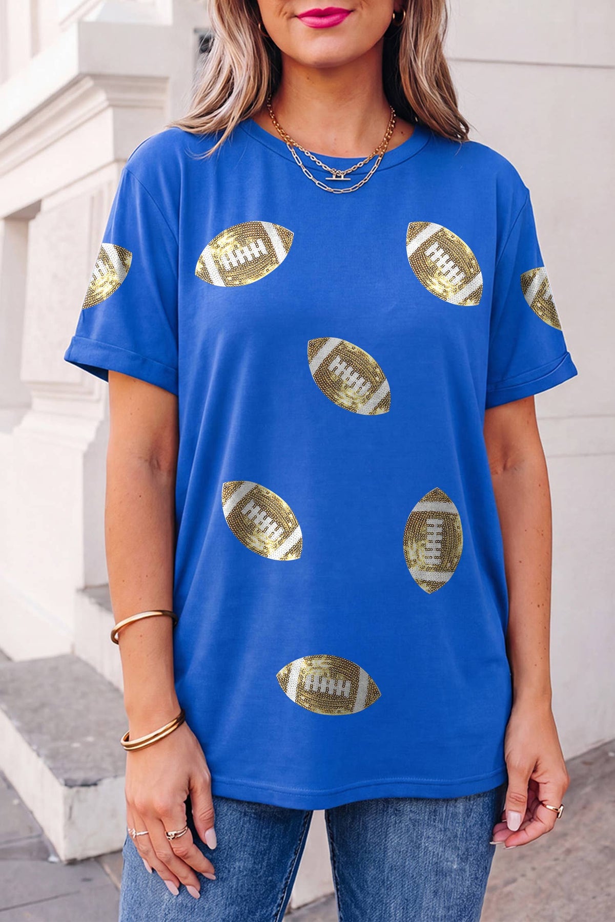 Game Day Sequin Rugby Graphic Crew Neck Shift T-Shirt | S-XL: Dark Blue